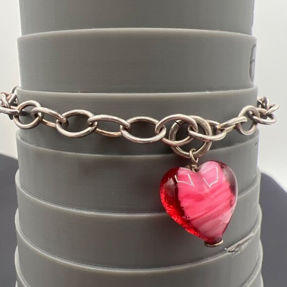 Silver Link Charm Bracelet Red Art Glass Heart Charm 7" Clasp Closure Handmade - Picture 5 of 9